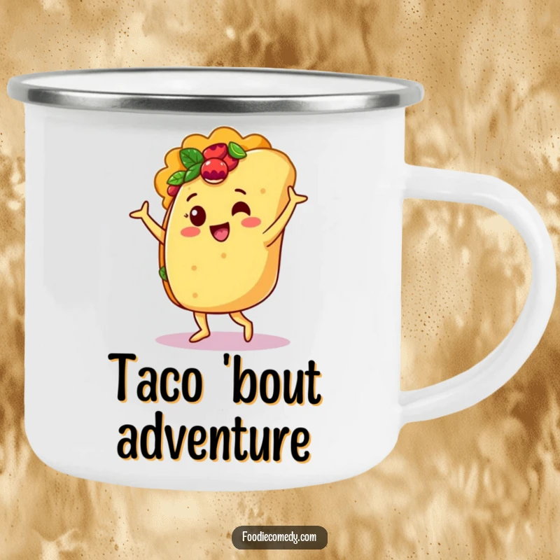 Funny camping mug with a jubilant taco character performing a lively salsa dance, ready for outdoor adventures.
