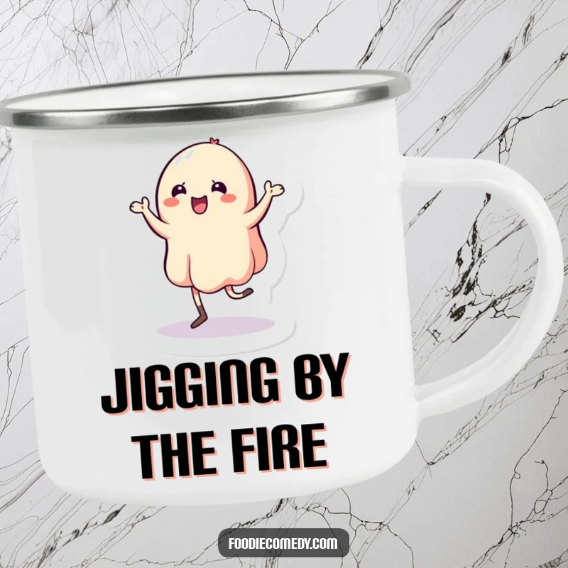 Funny Jelly Camping Mug: A wobbly jelly character dances a jig, ready for outdoor fun.