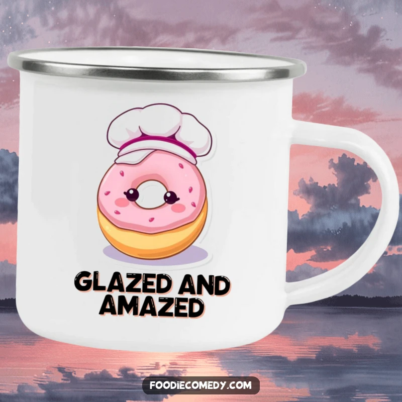 Funny camping mug with a kawaii donut character in a baker's hat, covered in frosting, for outdoor enjoyment.