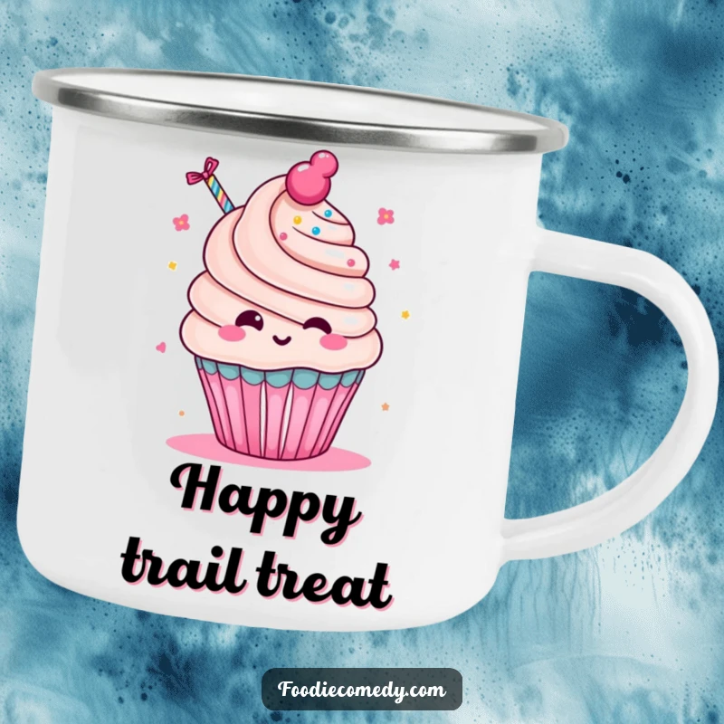 Funny Cupcake Party Camping Mug: A kawaii cupcake character blowing a party favor, perfect for outdoor festive fun.