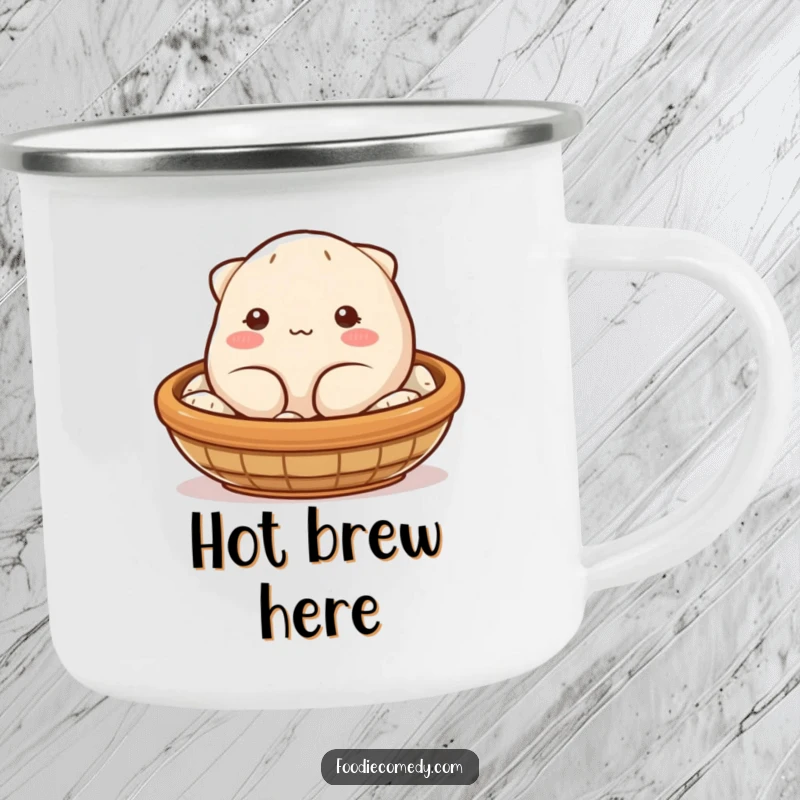 Funny dumpling camping mug showcasing a plump, blushing character winking from a steaming basket, ideal for outdoor use and humor.