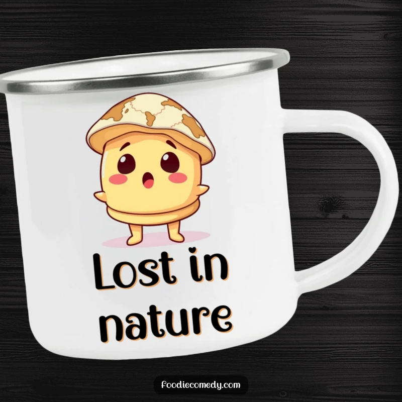 Funny Camping Mug: A surprised pancake character wears a map as a hat, ready for any outdoor journey with a humorous twist.