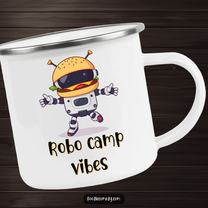 Funny burger character doing a robotic dance on a camping mug, perfect for outdoor fun and futuristic humor.