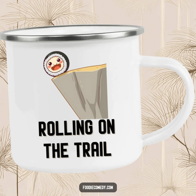 Funny camping mug showing a smiling sushi roll with dot eyes joyfully rolling off a cliff edge, for your daring outdoor sips.
