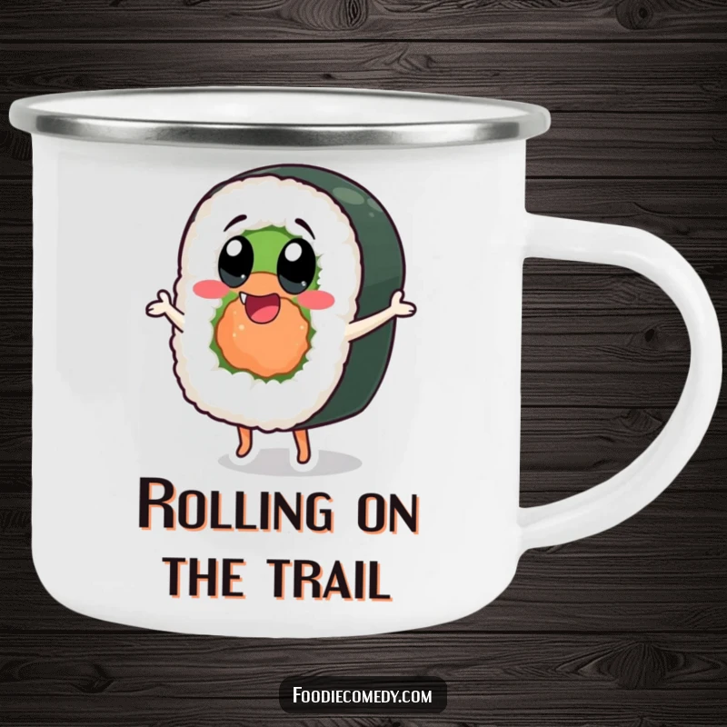Funny sushi roll camping mug with exaggerated happy eyes, perfect for enjoying outdoor drinks with a smile.