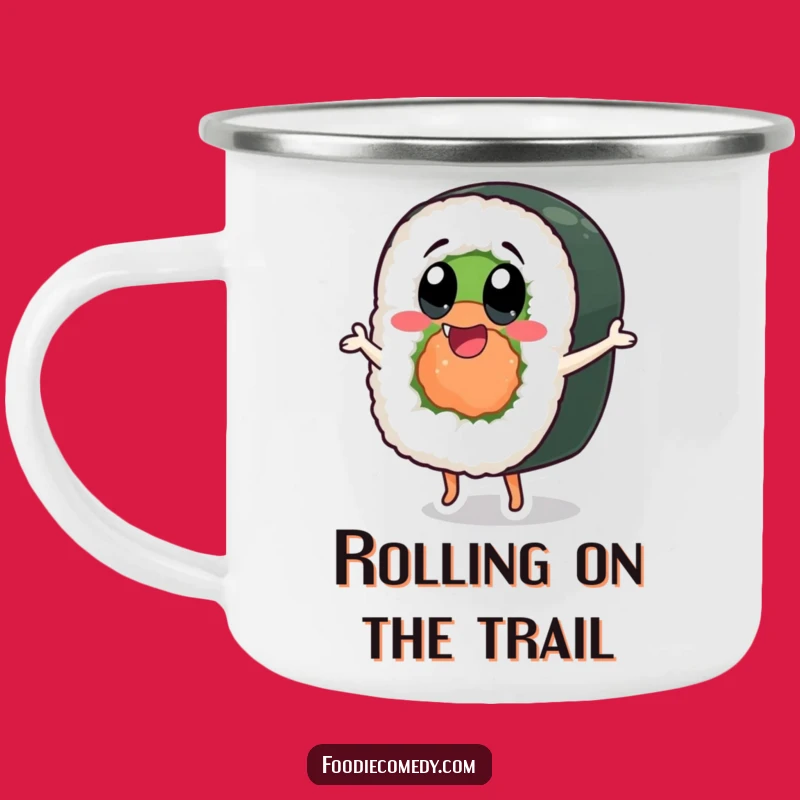 Funny Dancing Sushi Roll Camping Mug: Enjoy Joyful Sips Outdoors!
