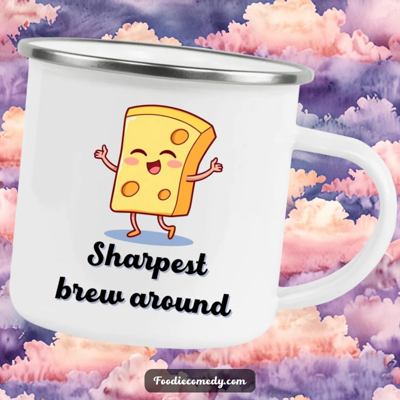 Funny camping mug featuring a winking cheese slice dancing the tango, perfect for outdoor enthusiasts who appreciate humor.