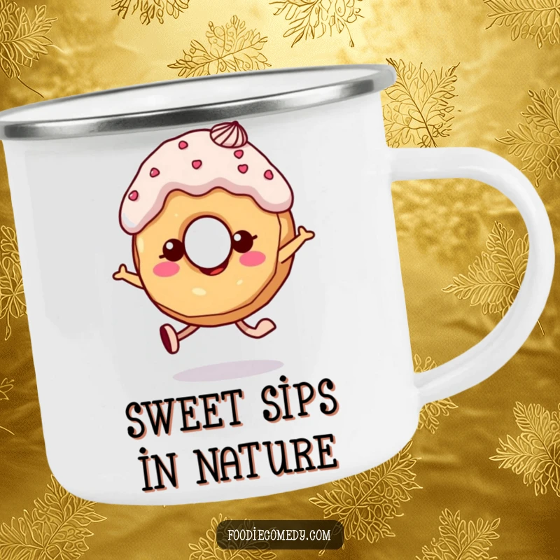 Funny donut camping mug with frosting hair, perfect for enjoying outdoor drinks with a cheerful skip.