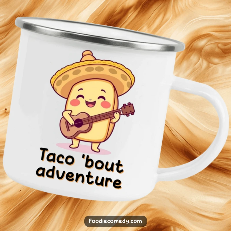 Funny taco camping mug featuring a sombrero and guitar, perfect for outdoor fiesta enjoyment.