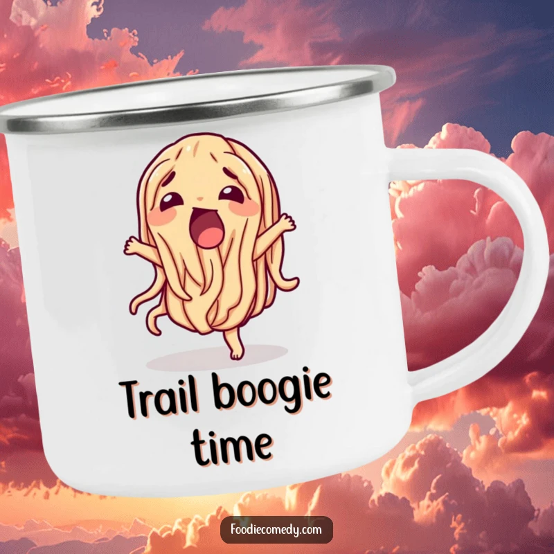 Funny wiggling noodle camping mug, a dancing pasta character ready for outdoor fun and sips.