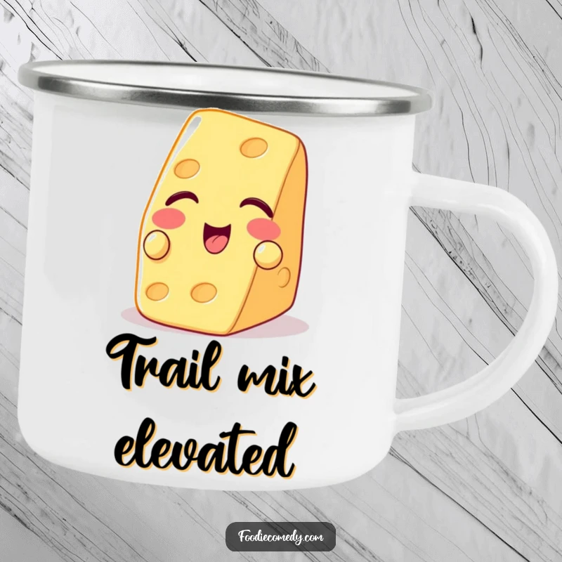 Funny camping mug featuring a playful piece of cheese winking with a cracker, for outdoor snacks.