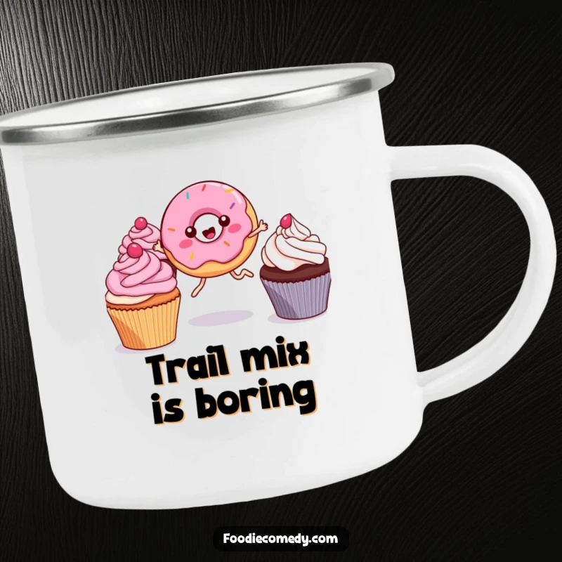 Funny Kawaii Donut Camping Mug: A rugged mug with a cute, leggy donut happily leaping, bringing humor and sweetness to your outdoor experiences.