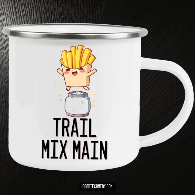 Funny French Fry Leap Camping Mug: A kawaii french fry character leaping over a salt shaker, perfect for outdoor humor.