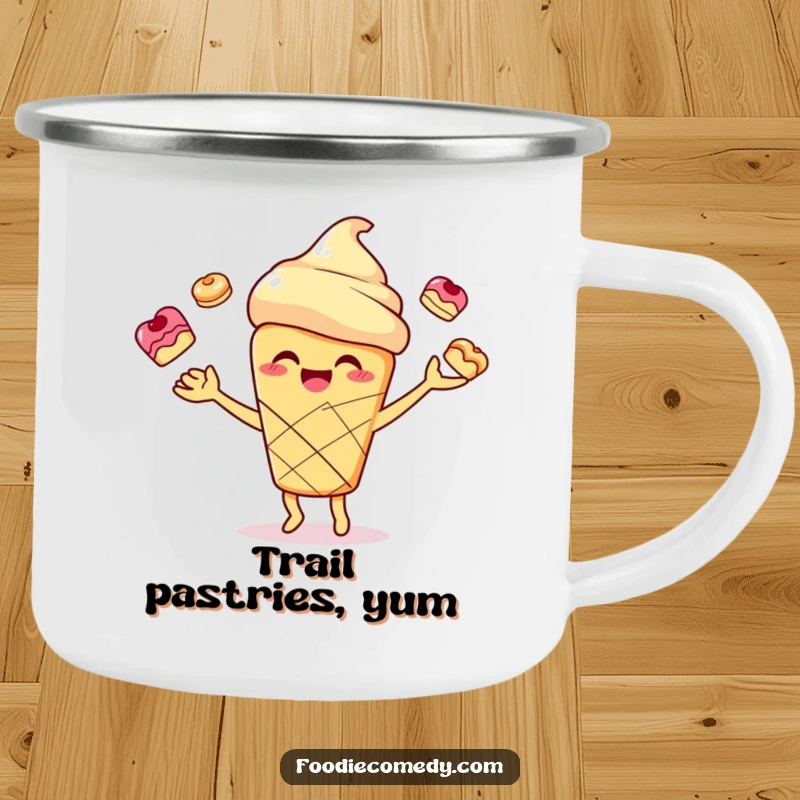 Funny smiling scone character joyfully juggling small pastries on a rustic enamel camping mug, perfect for outdoor baking enthusiasts.