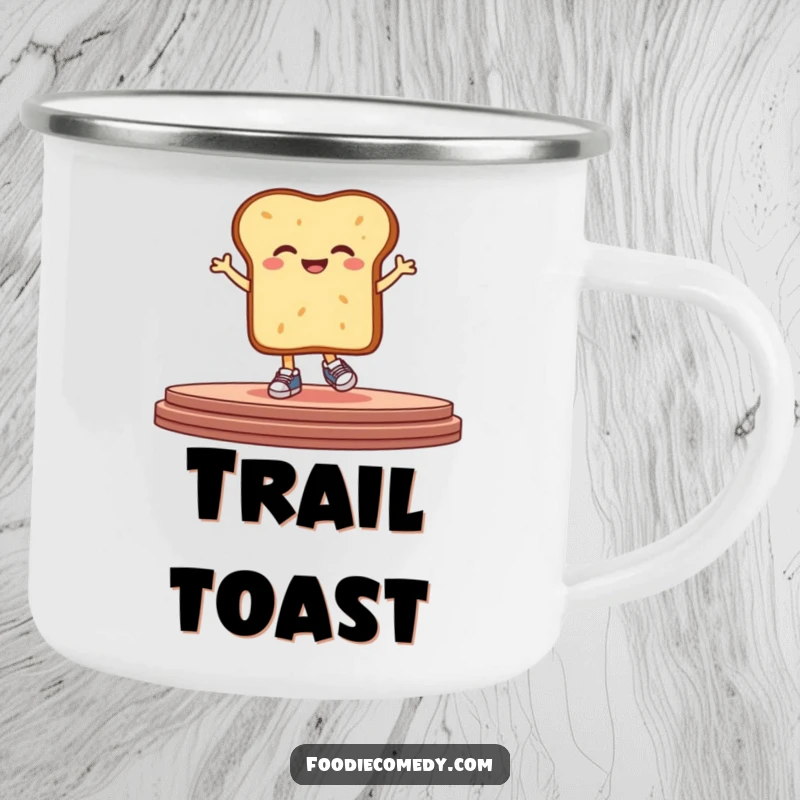 Funny bread camping mug showing a giggling, stylized loaf in tiny sneakers, hopping on a stage, perfect for outdoor enjoyment.