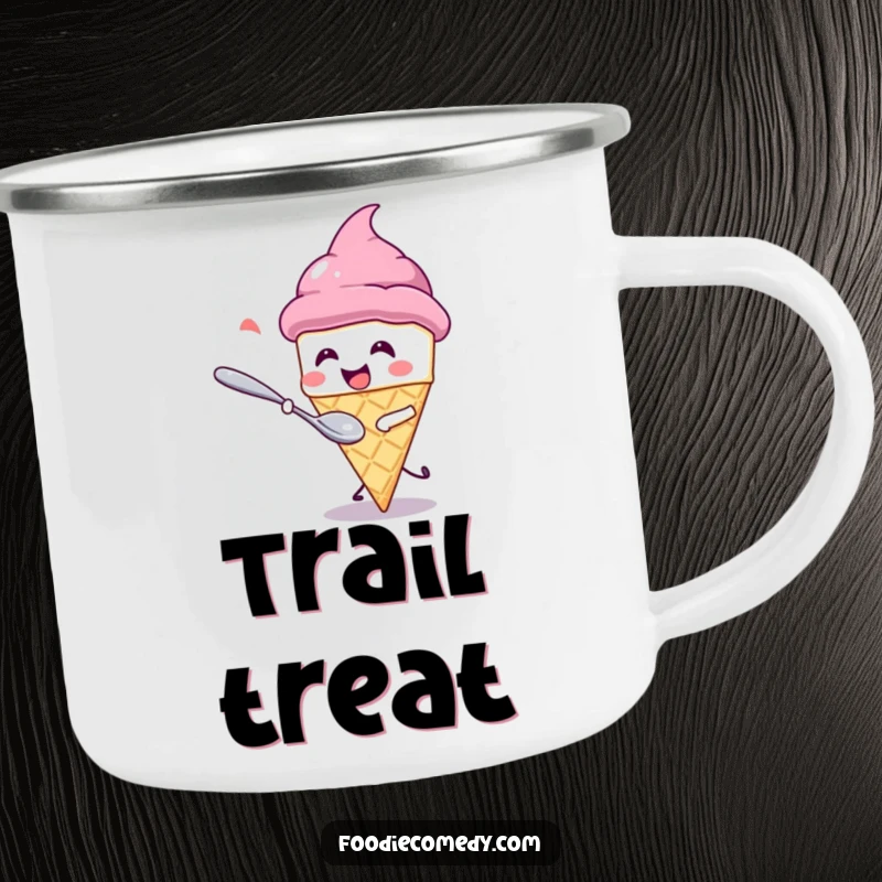 Funny Camping Mug: A giggling kawaii ice cream cone is playfully chased by a spoon. A humorous and durable outdoor cup.