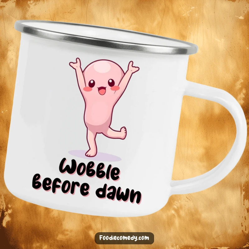 Funny Camping Mug: A wobbly jelly character attempts a handstand during an outdoor adventure, perfect for rugged humor.