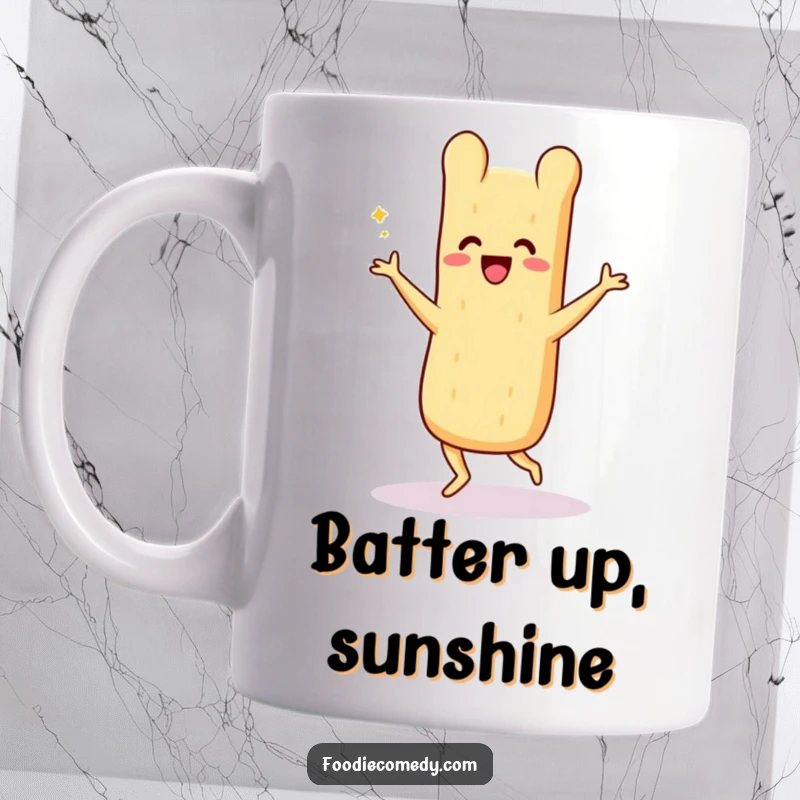 Funny beaming baguette mug doing a lively Charleston dance, radiating happiness and carb-fueled energy.