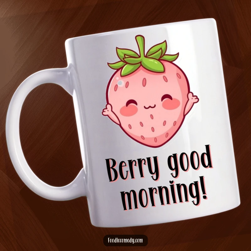 Funny mug featuring a blushing strawberry character with little arms waving shyly, expressing adorable bashfulness in a delightful way.