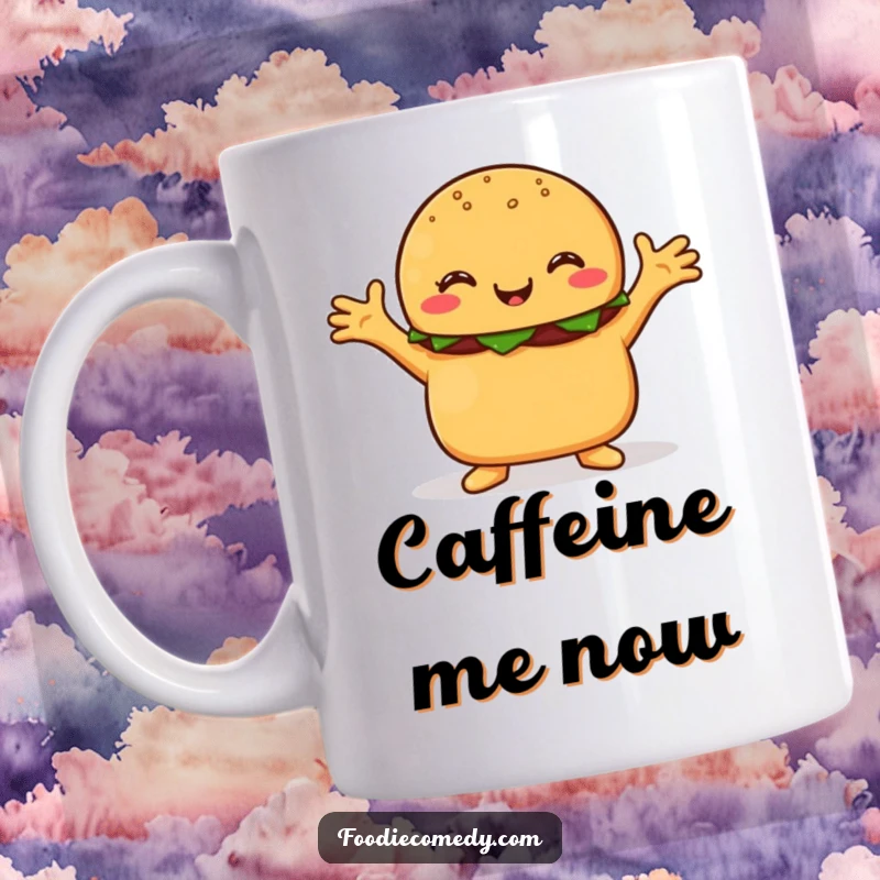 Funny burger mug, a happy burger character with arms outstretched invitingly, ready for a warm, cheesy hug.