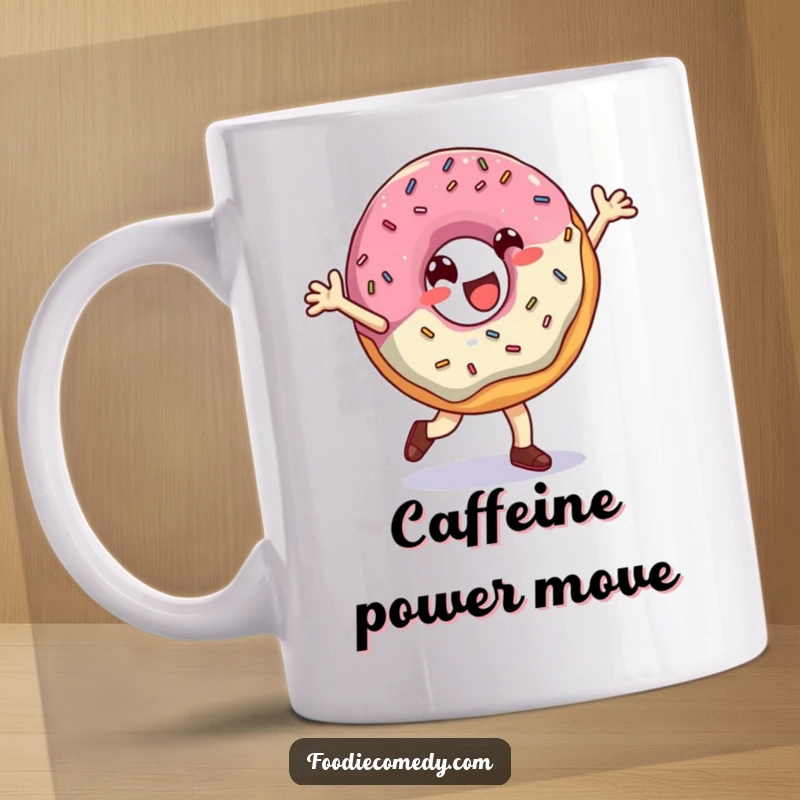Funny Donut Mug: A cheerful donut doing a breakdance move with sprinkles flying, representing fun and energy, a perfect gift.