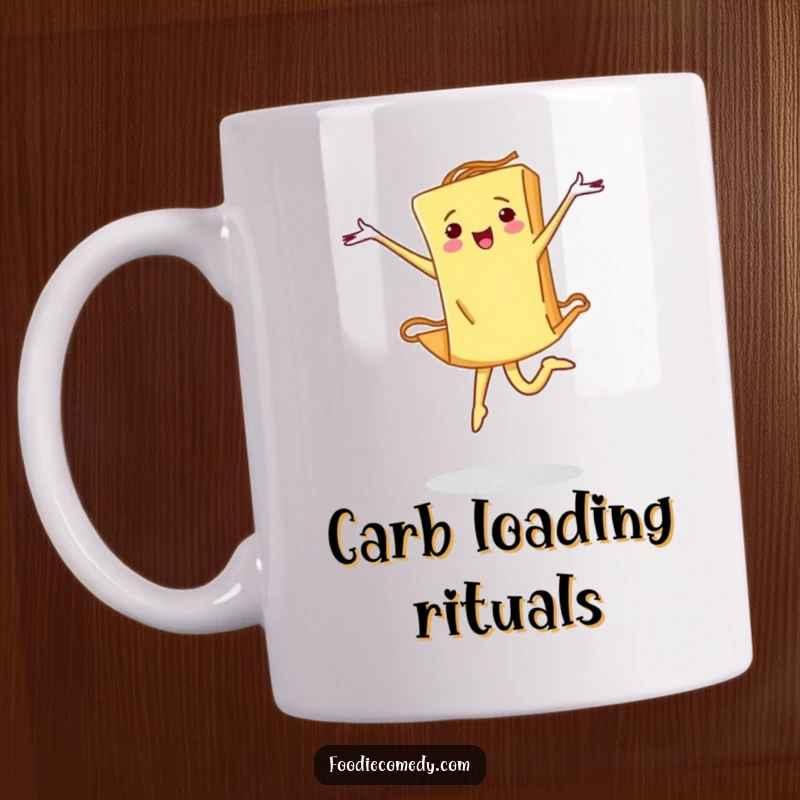Funny pasta mug showing a piece of pasta gracefully performing a ballet leap with intense determination and artistic flair.