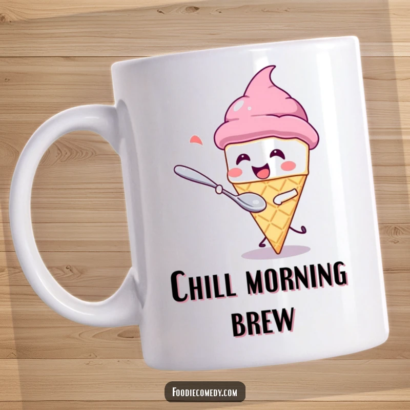 Funny Mug: A cute kawaii ice cream cone giggling as a spoon playfully chases it. A humorous gift for dessert lovers.