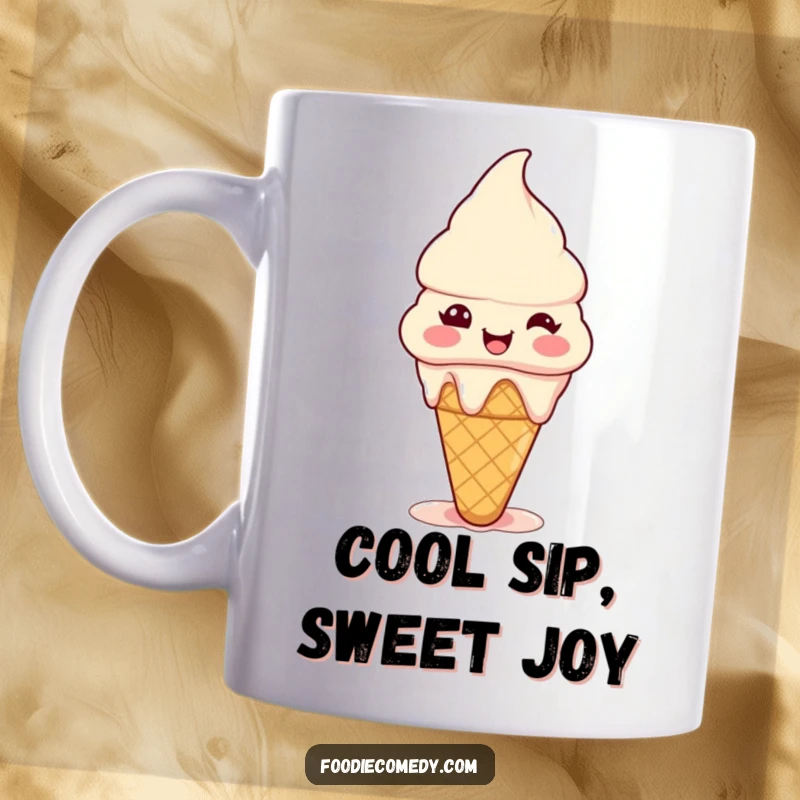 Funny ice cream cone mug with a tiny happy cone melting slightly, radiating pure joy and sweetness.