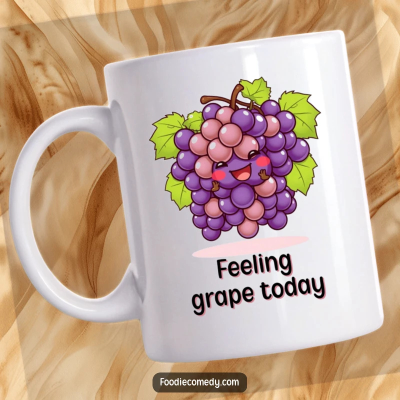 Funny bunch of grapes mug performing a playful cha-cha dance, looking cheeky and ready to party.