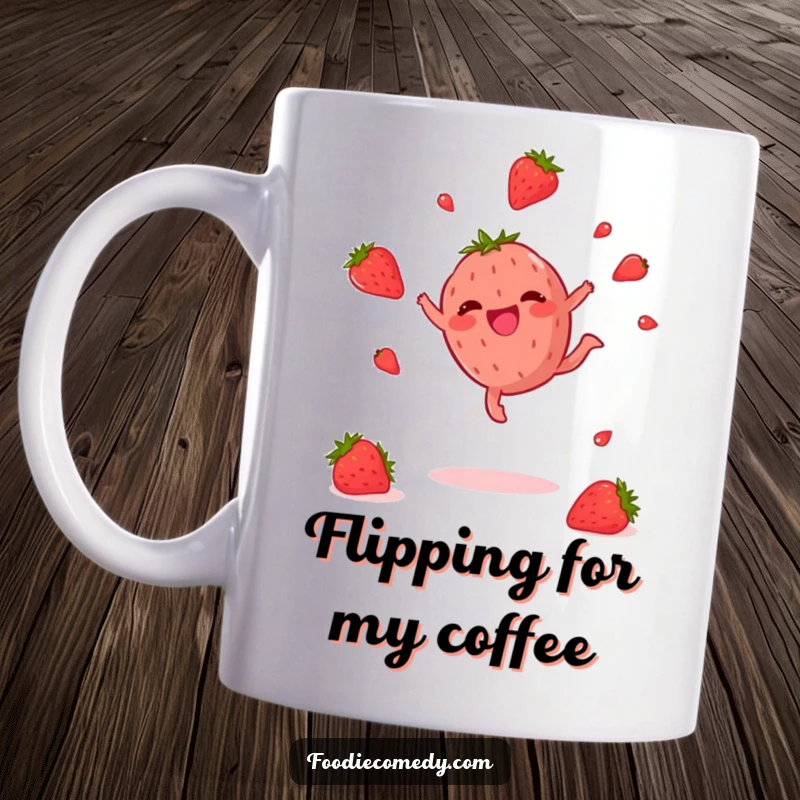 Funny Strawberry Mug: A joyful strawberry doing a cartwheel with seeds flying, representing fun and energy, a perfect gift.