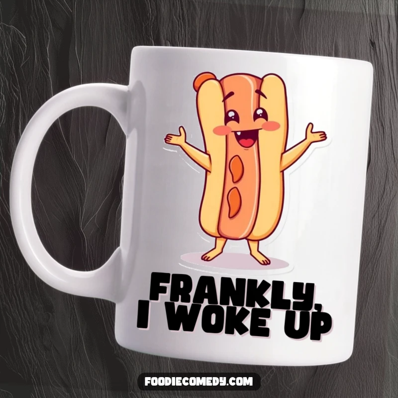 Funny hot dog character enthusiastically doing the Charleston on a mug, radiating pure, unadulterated joy.