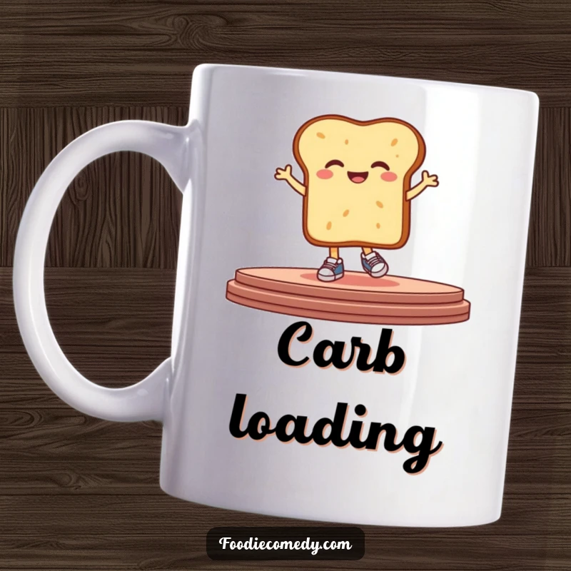 Funny bread mug showing a giggling, stylized piece of bread wearing tiny white sneakers, hopping energetically on a stage.