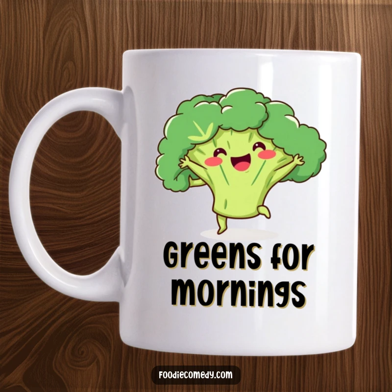 Funny broccoli mug with a piece of broccoli doing a kick-ball-change, celebrating healthy eating with dance.