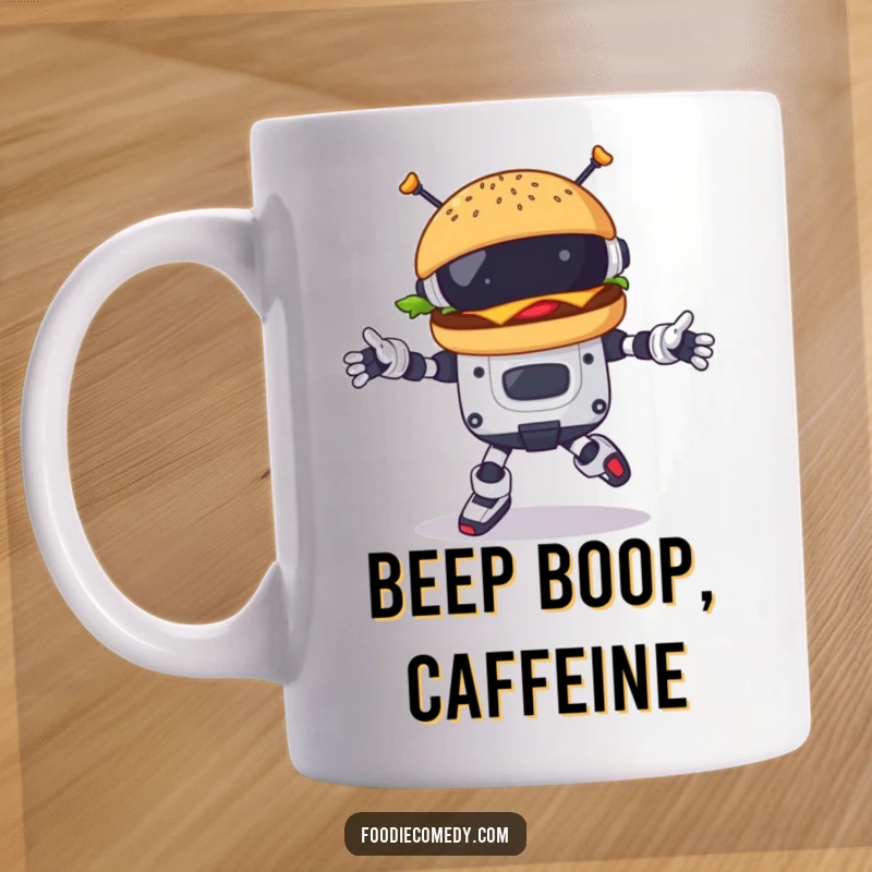 Funny burger character performing a precise robotic dance on a mug, embodying mechanical fun and deliciousness.