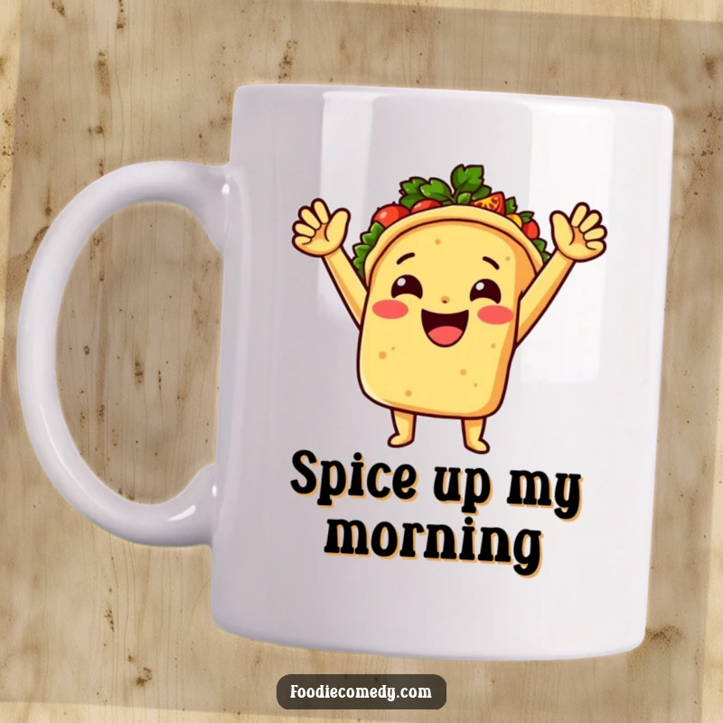 Funny, smiling taco with raised arms and spicy red salsa exploding outwards, celebrating on a cheerful mug.