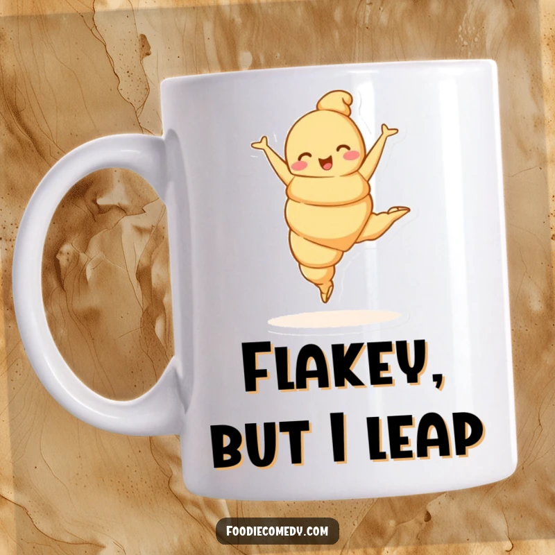 Funny croissant character performing a graceful ballet leap on a mug, capturing elegance and joy.