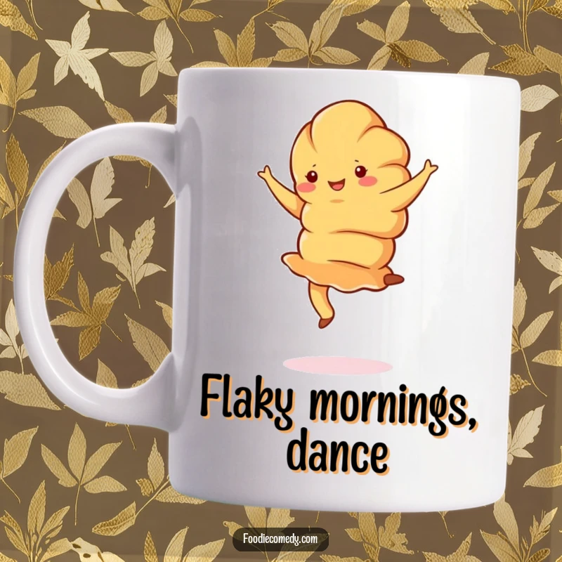 Funny croissant mug with a jubilant croissant doing a graceful pirouette, celebrating breakfast elegance and humor.