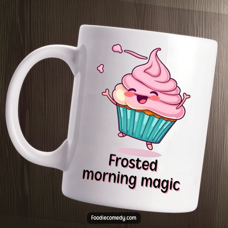 Funny mug featuring a cupcake character joyfully twirling, with frosting flying in the air, exuding pure happiness and sweetness. Ideal for bakers and dessert fans.
