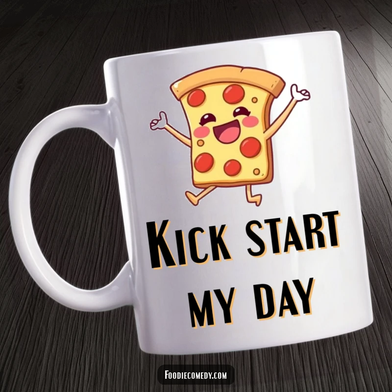 Funny mug featuring a pizza slice with legs joyfully kicking in a dance, exuding fun and energy.
