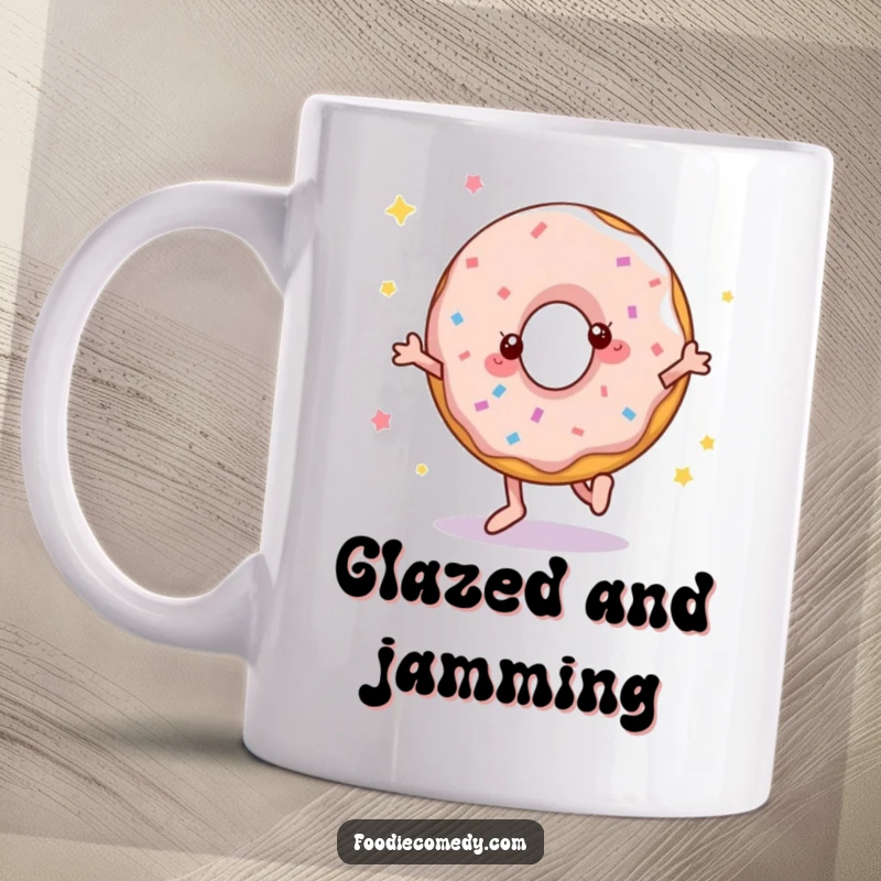 Funny donut mug showing a cheerful donut mid-disco step, radiating pure joy and energy for a fun kitchen accessory.