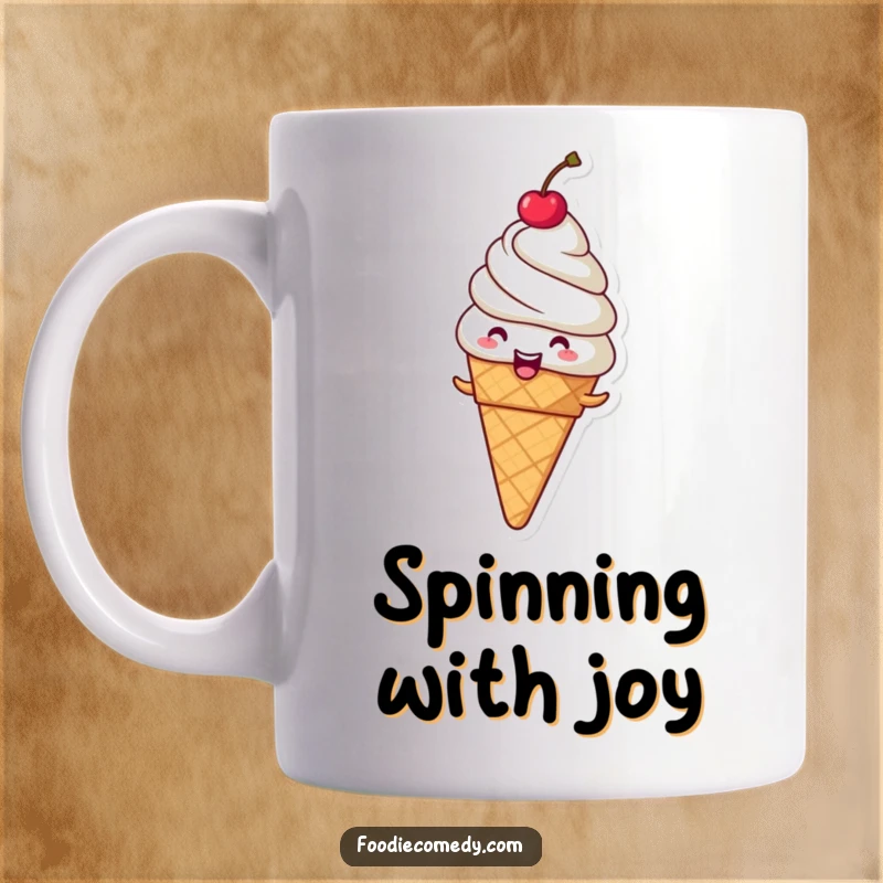 Funny giggling ice cream cone mug doing a spin, with a cherry on top, bringing sweet joy.