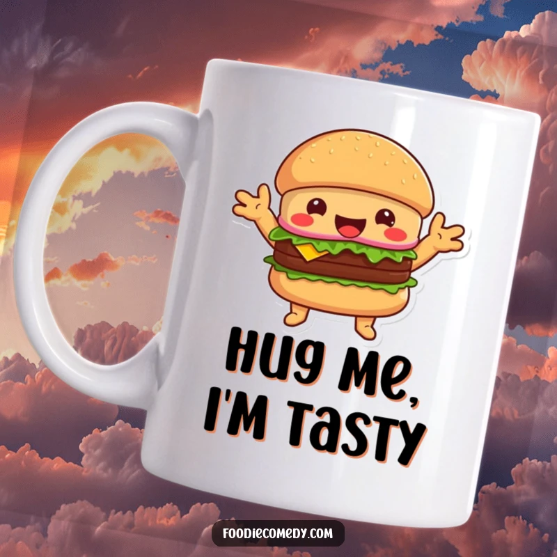Funny happy burger mug with arms outstretched, offering a warm hug and delicious cheer.