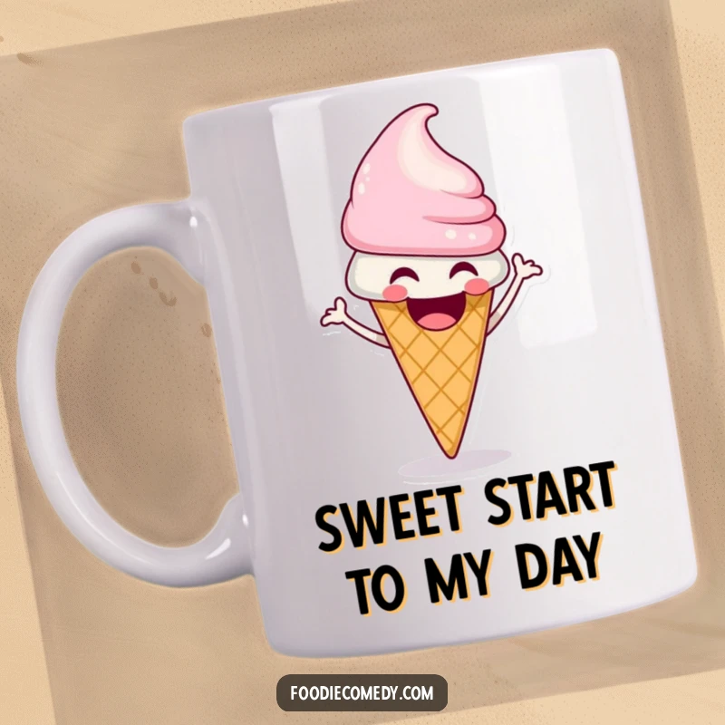 Funny ice cream cone mug laughing and doing a funky shimmy, embodying playful dessert delight.