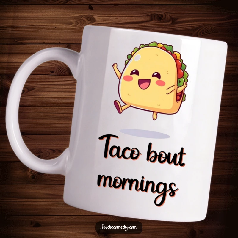 Funny mug featuring a cheerful taco with tiny legs jumping in the air with pure joy, embodying festive celebration.