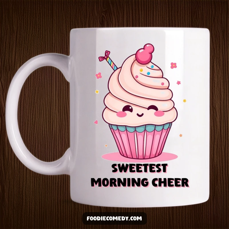 Funny Kawaii Cupcake Party Mug: A cheerful cartoon cupcake enthusiastically blowing a party favor with pure glee.
