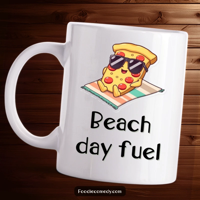 Funny Kawaii Pizza Sunglasses Mug: A cool pizza slice in sunglasses relaxes on a beach towel, bringing humorous, chill vibes to your coffee break.