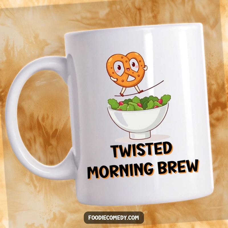 Funny kawaii pretzel mug, brave pretzel performing a tightrope walk over a salad bowl, food humor, cute snack art, ideal funny gift for daredevils.