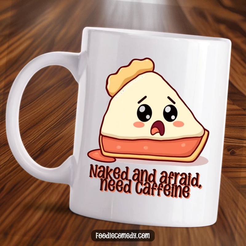 Funny mug featuring a pie slice shocked by its missing crust, perfect for a laugh.