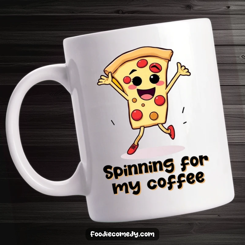 Funny pizza breakdance mug illustration of a pizza slice character with legs spinning energetically on a floor.