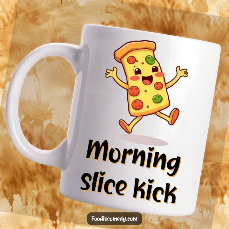 Funny mug featuring a pizza slice doing energetic leg kicks, conveying a lively and humorous culinary theme.
